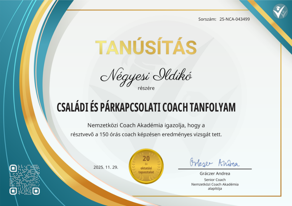 Négyesi Ildikó családi és párkapcsolati coach tanúsítvány